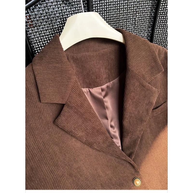 Женский однобортный пиджак из вельвета карамельно-коричневого цвета, модный пиджак свободного кроя в европейском стиле, однотонный цвет