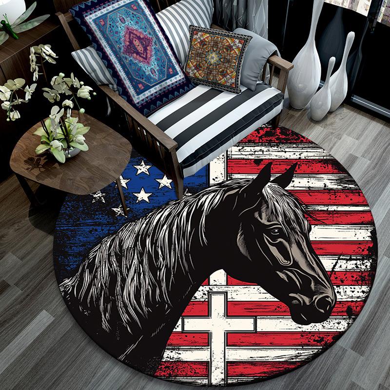 Horse Round Area Rug,Carpet Rug for Living Room Bedroom Sofa Playroom Decor,Non-slip Floor Mat