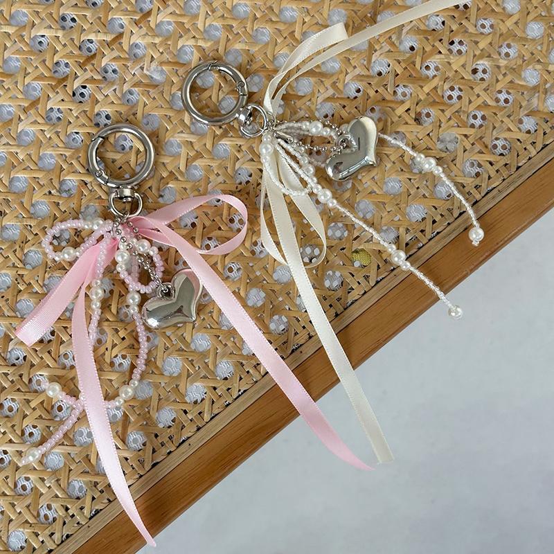 Imitation Pearl Bow Key Ring Ribbon Beaded Keychain Korean Style Hanging Accessories Y2K Heart Bag Pendant School