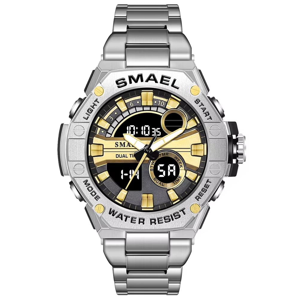 SMAEL Бренд 304 Ремешок из нержавеющей стали 8090 Кварцевые электронные часы будильники Многофункциональные модные спортивные часы с функцией двойного времени