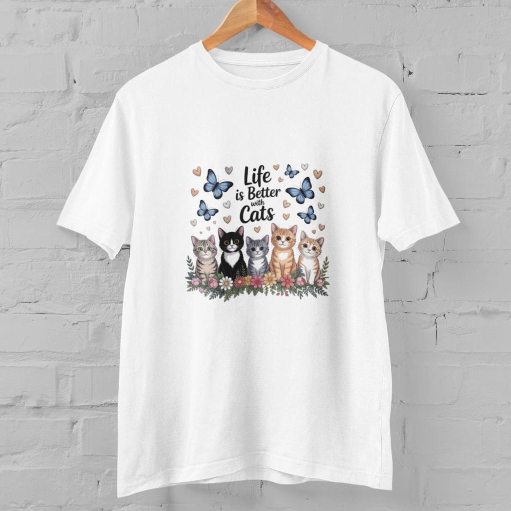 Life is Better with Cats Shirt Cute Cat Lover T-Shirt Kitten Graphic Tee Gift