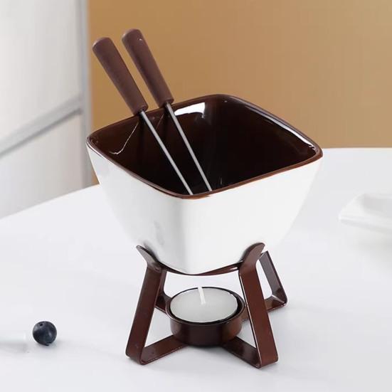 Chocolate Fondue Mugs Set with Forks 300ml Ceramic Melting Pot Set