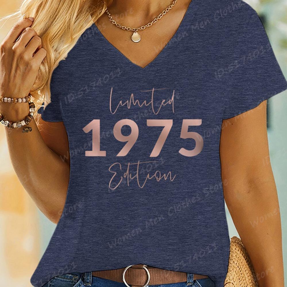 Vintage 1975 Limited Edition Print T-shirts For Women 70th Birthday Gifts Summer V-Neck Short Sleeve Tees Fashion Women T-shirts