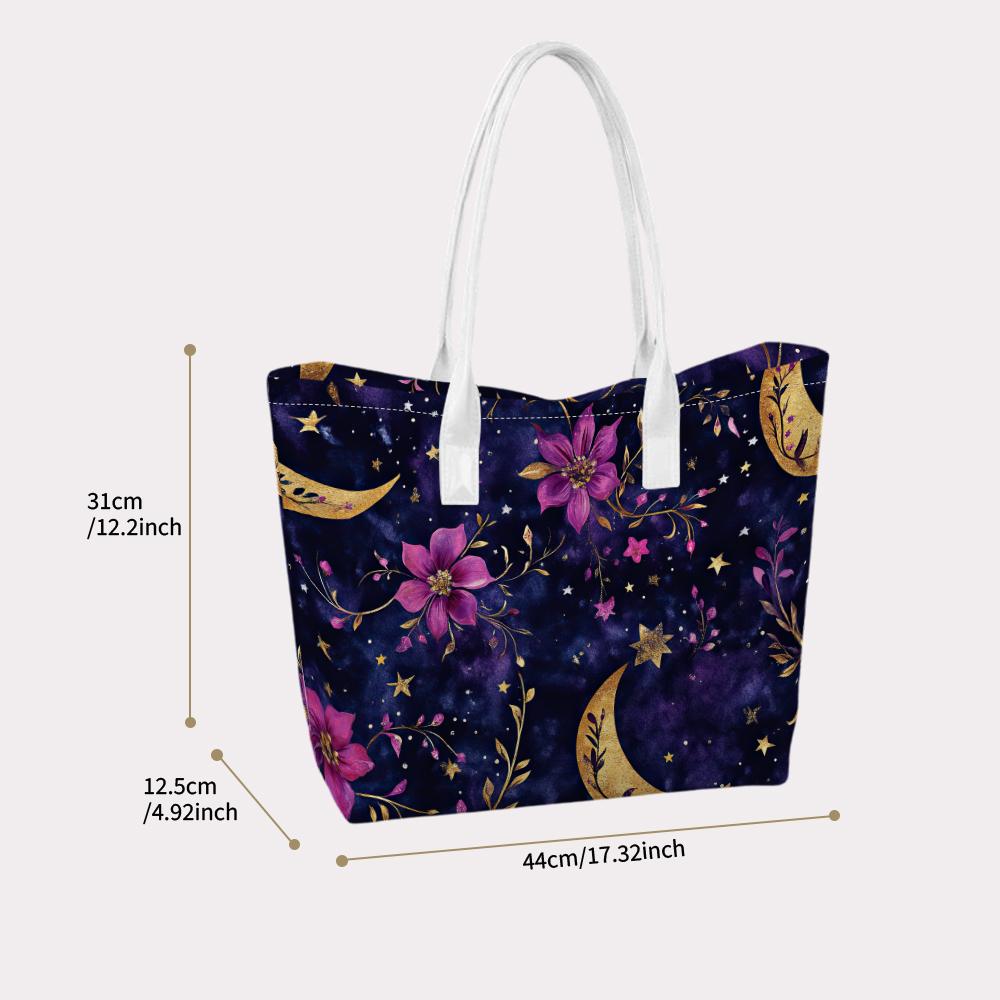 Purple Star Moon Floral Casual Tote Bag Large Capacity All Match Portable Shoulder Handbag for Daily Commute Shopping Travel