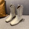 Vintage Embroidery Women Western Cowgirl Boots Fashion Elegant Slip On Shoes Square Heels Ladies Knight Mid Calf Booties