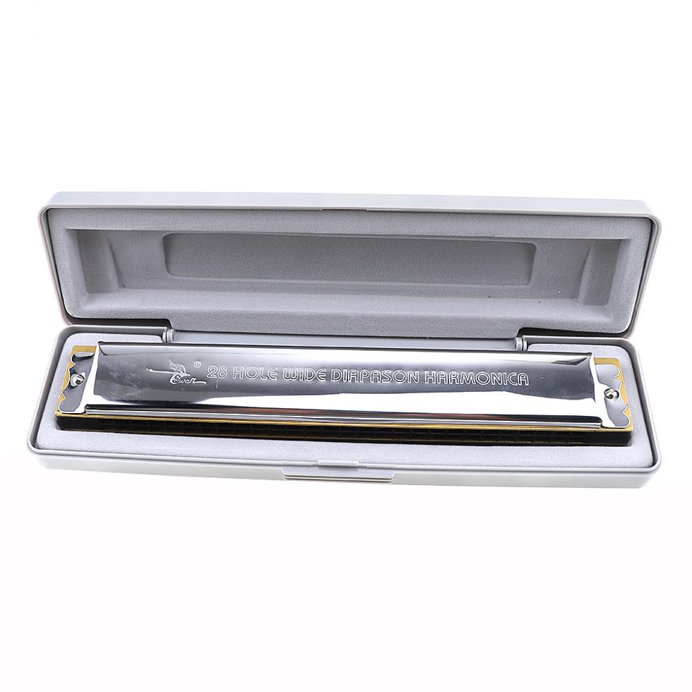 Серебряная губная гармошка с 28 отверстиями, диатоническая блюзовая арфа, губная гармошка с пластиковой коробкой для начинающих
