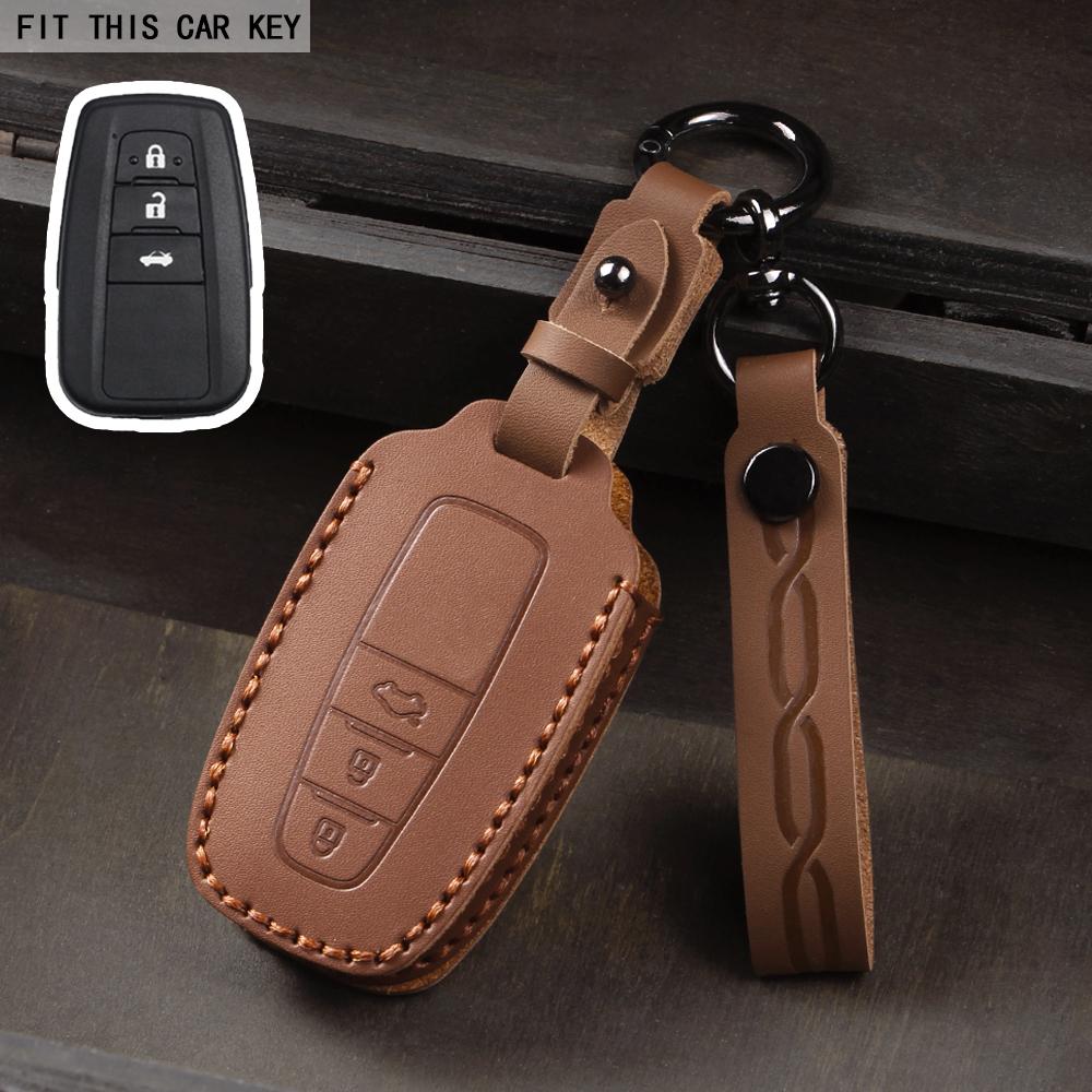 Leather Car Smart 3 Button Key Case Cover Bag Keychain for Toyota Avalon Camry RAV4 Prius CHR C-HR Corolla Land Cruiser Prado