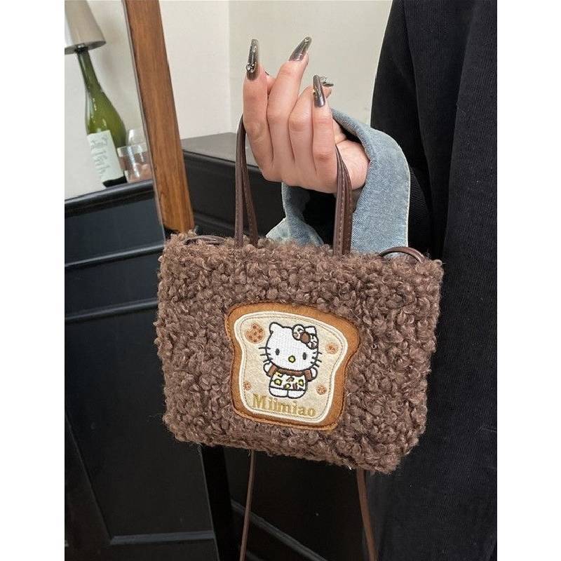 Hello Kitty Cartoon Plush Shoulder Bag With Spotted Pattern For Casual Outfits