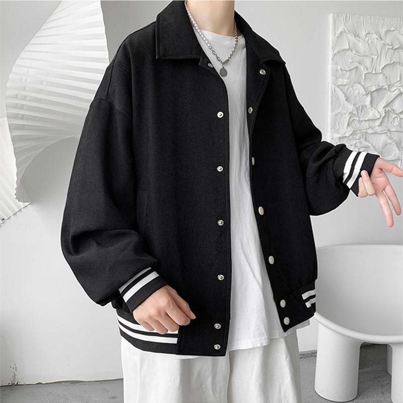 Mens Baseball Jacket Thick Solid Color Lapel Loose Retro Streetwear Casual Coat