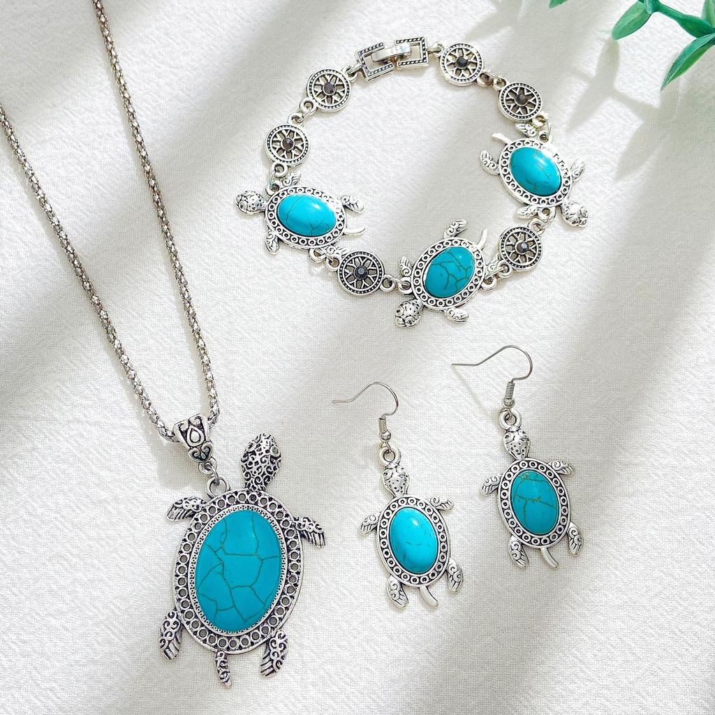 Retro Turquoise Turtle Jewelry Set: Three-Piece Exotic European & American Fashion