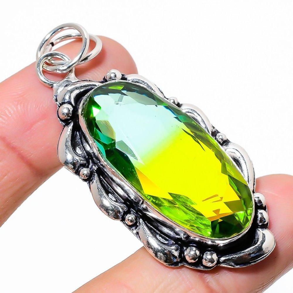 Bi-Color Tourmaline Gemstone 925 Sterling Silver Jewelry Pendant 2.44" T4u86