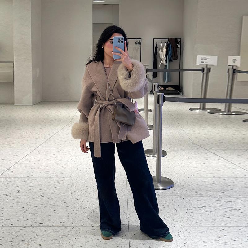Шерстяное пальто с лацканами, завязывающееся на пояс, Женская теплая удобная толстая куртка-кардиган, Повседневное ретро-элегантность, Осень/Зима 2025