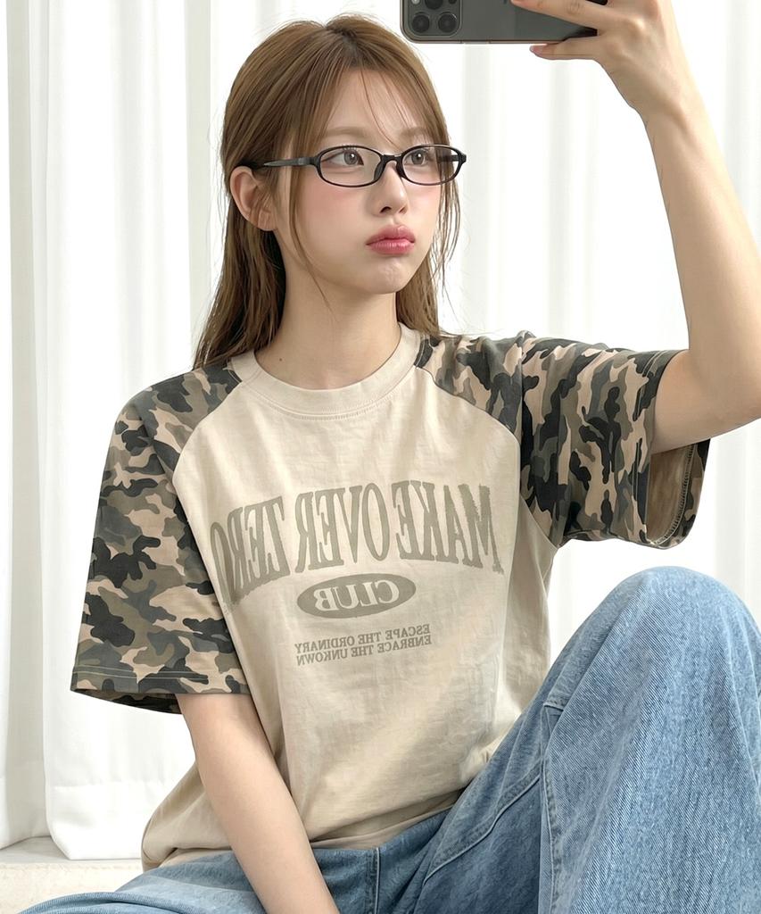 MOZMOZ Camo Color Block Raglan Pigment Oversized Short Sleeve T-Shirt Beige