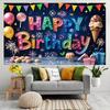 Vibrant Playful Festive Glittery Happy Birthday Lettering with Colorful Balloons, Candy Lollipops, Ice Cream Cone, Macarons, Gift Boxes and