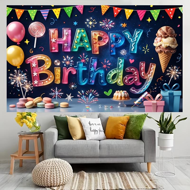 Vibrant Playful Festive Glittery Happy Birthday Lettering with Colorful Balloons, Candy Lollipops, Ice Cream Cone, Macarons, Gift Boxes and