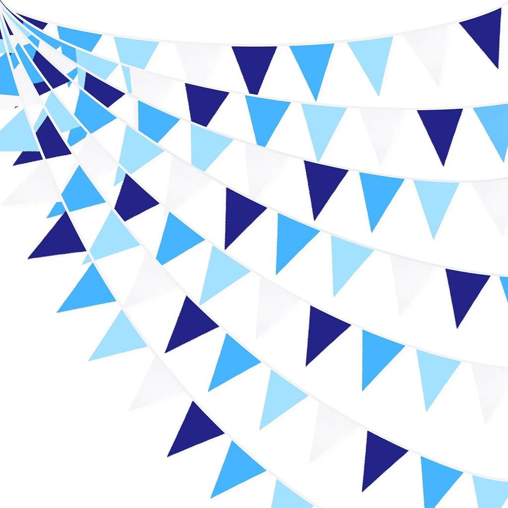 32Ft Blue Party Decorations Retro Blue Triangle Banner Flag Pennant Bunting Fabric Garland Streamers for Nautical Wedding Birthday Ahoy Achor Bridal