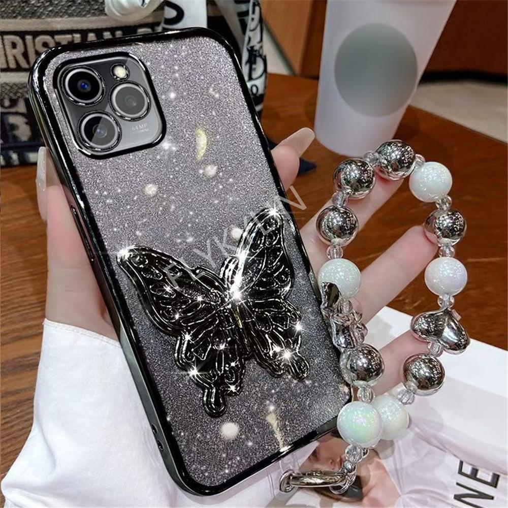 3D Butterfly Phone Holder Bracelet Glitter Plating Case For Samsung A16 A06 A55 A15 A25 A35 A05S A54 A24 A34 A14 A04 Stand Cover