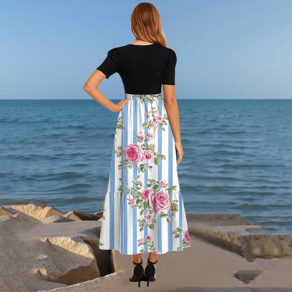 Женское модное повседневное платье с поясом, коротким рукавом, круглым вырезом и принтом, элегантное и темпераментное