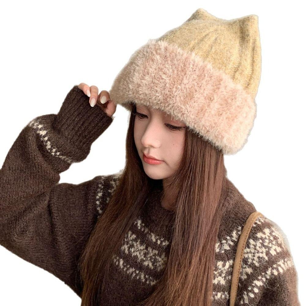 Faux Rabbit Fur Ear Protection Hat Warm Fluffy Cat Ear Beanie Cozy Knitted Beanie Hat For Women