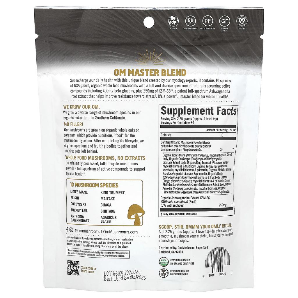 Master Blend, Certified Organic Mushroom Powder + Plant Ingredients, 180G(6.34Oz)
