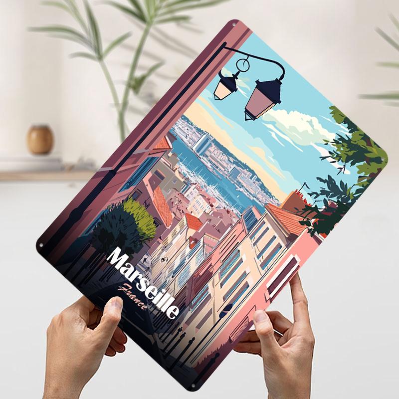 Marseille France Cityscape Travel Metal Poster Custom Wall Art Retro Vintage Tinplate Signs for Man Cave Office Decoration House