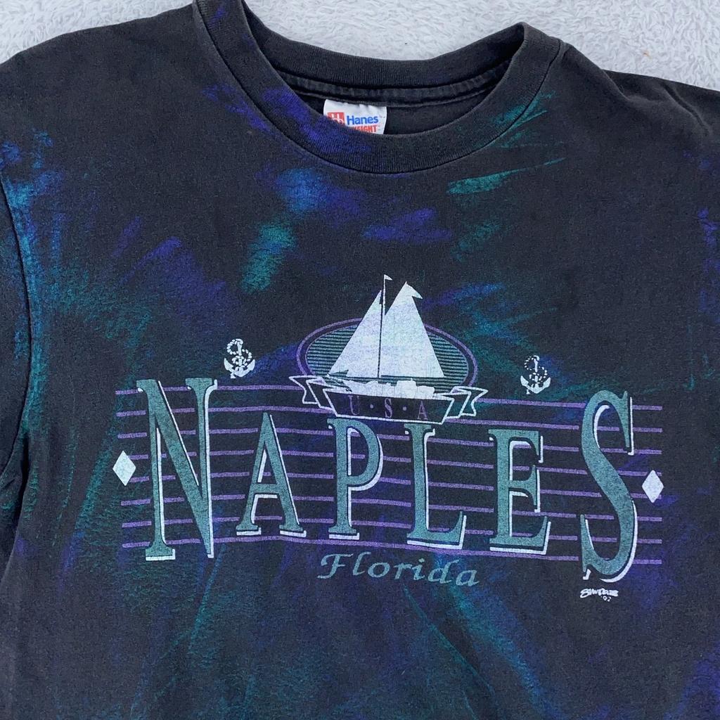 Винтажная рубашка Naples Florida Мужская Средняя Черная Парусник 90-е Hanes Тай-дай США