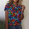 Women's 3D Butterfly Printed T-shirt, Colorful Insect Pattern T-shirt, Summer Casual Shorts, Round Neck Loose Sleeve T-shirt