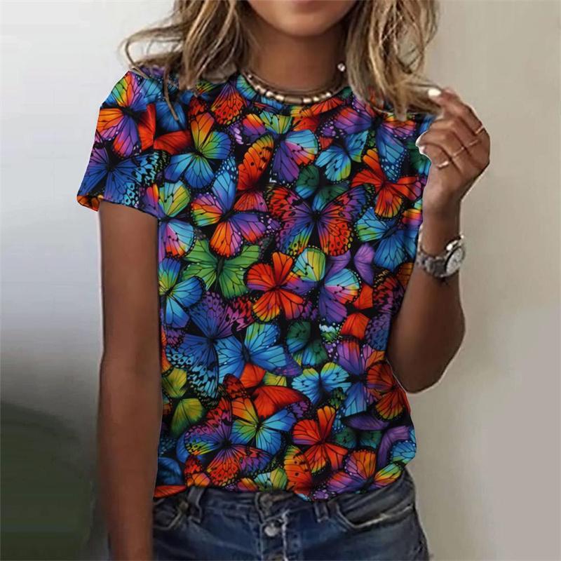 Women's 3D Butterfly Printed T-shirt, Colorful Insect Pattern T-shirt, Summer Casual Shorts, Round Neck Loose Sleeve T-shirt
