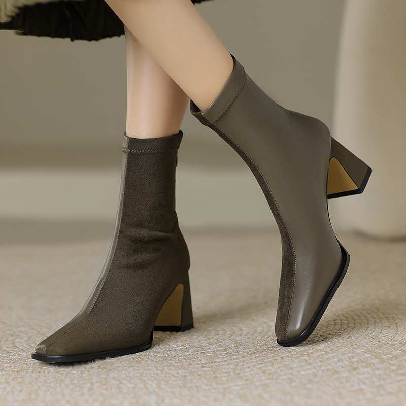 Krazing Pot Зимние ботинки из флока из микрофибры с квадратным носком, эластичные ботинки без шнуровки на высоком толстом каблуке, женские ботильоны