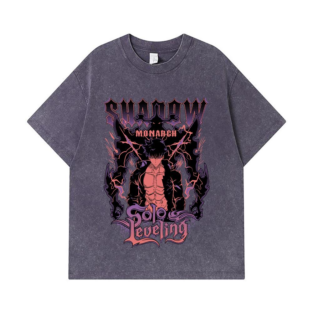 275 GSM Washed T-shirts 100% Cotton Solo Leveling V3 Shadow Monarch Print Unisex Heavy Cotton T Shirt