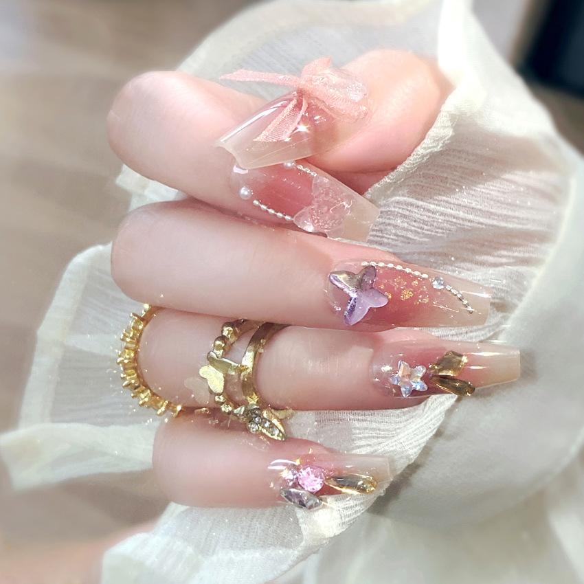 24Pcs Long Ballerina Press On Nails Sparkly Diamond And White Pearl Clear False Nails For Women Bride Wedding