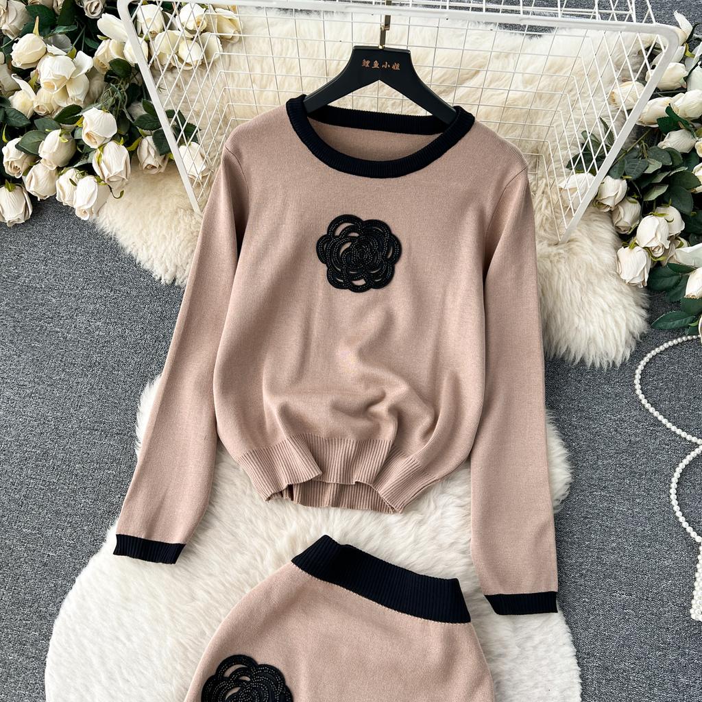 Осенний женский брендовый дизайнерский вязаный свитер с бисером, комплект из двух предметов, пуловер с длинными рукавами, топ и тонкая облегающая юбка-футляр, наряды