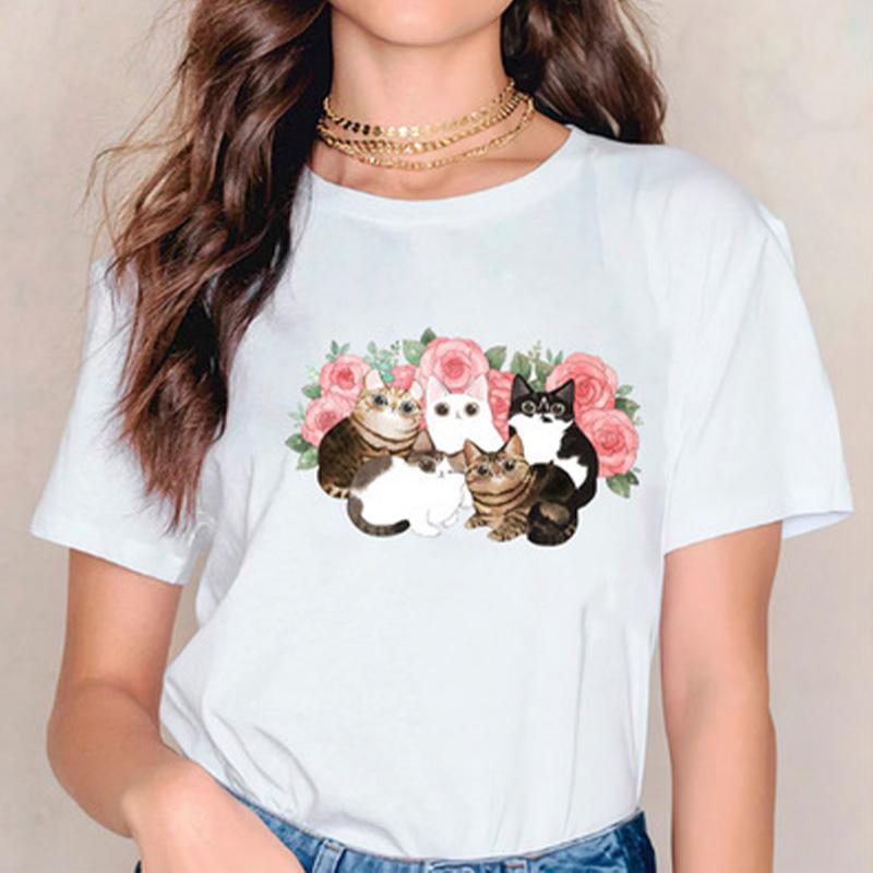 Fashion Women Black Cat Print T Shirt Funny Casual O-neck Short Sleeves T-shirt Summer Female Tee Shirt