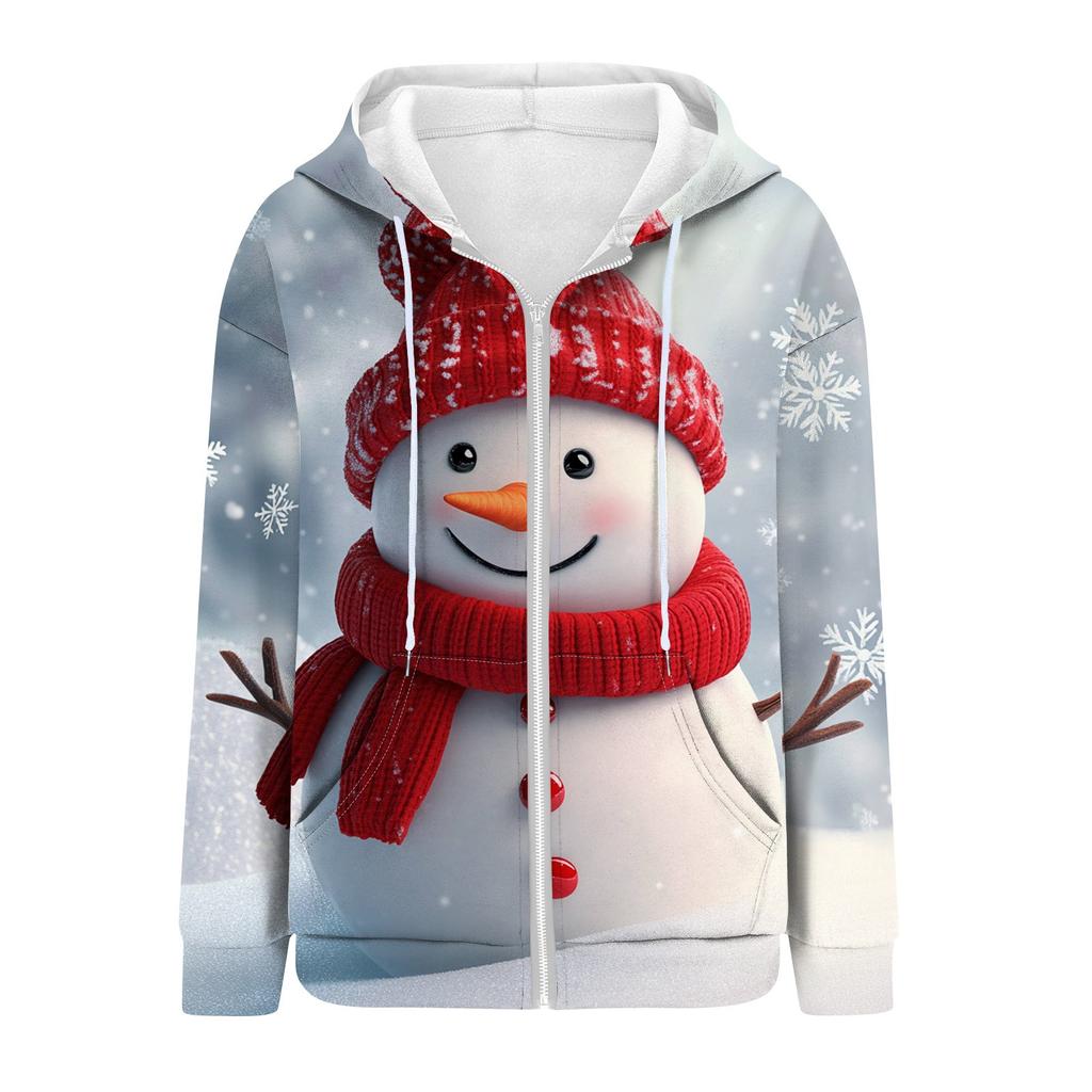 Женская рождественская печатная толстовка осень-зима с длинным рукавом кардиган куртка с карманами на молнии толстовка с капюшоном верхняя одежда