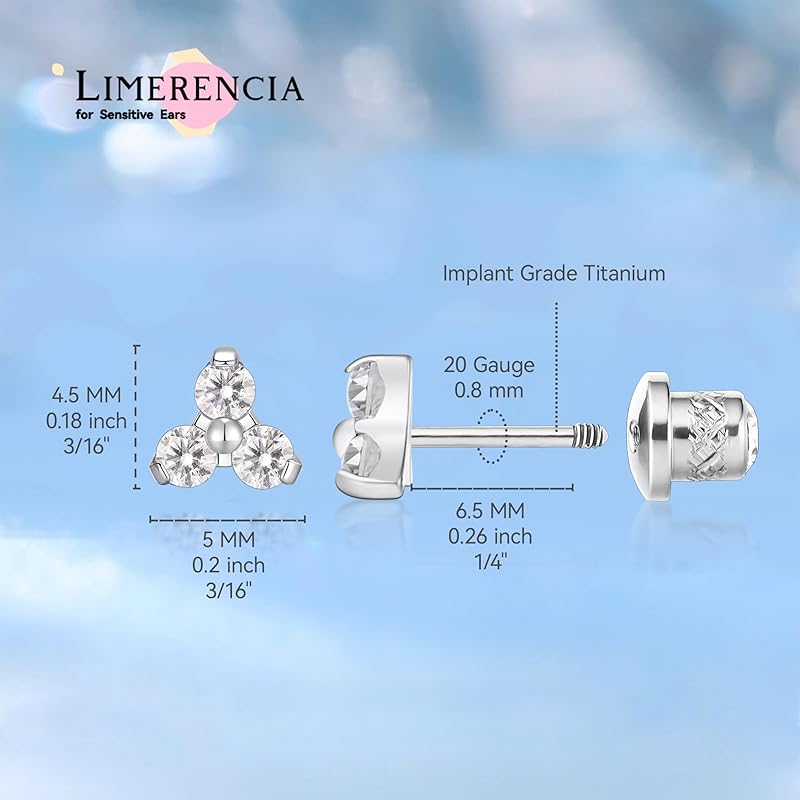 Limerencia Hypoallergenic Pure Titanium Earrings Medical Use Leaving the Second Piercing On Titanium Compatible with Metal Allergies Screw Type