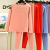 2 Pcs/Set Winter Top Pants Set Thick Plush Round Neck Long Sleeve Elastic Waist Warm Soft Cold Proof Homewear Pajamas Set Thermal Underwear Set
