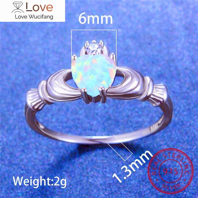 Real S925 Sterling Silver Claddagh Ring Cute Love Heart Crown Rings For Women Wedding Bands Blue White Fire Opal Ring Jewelry Cz