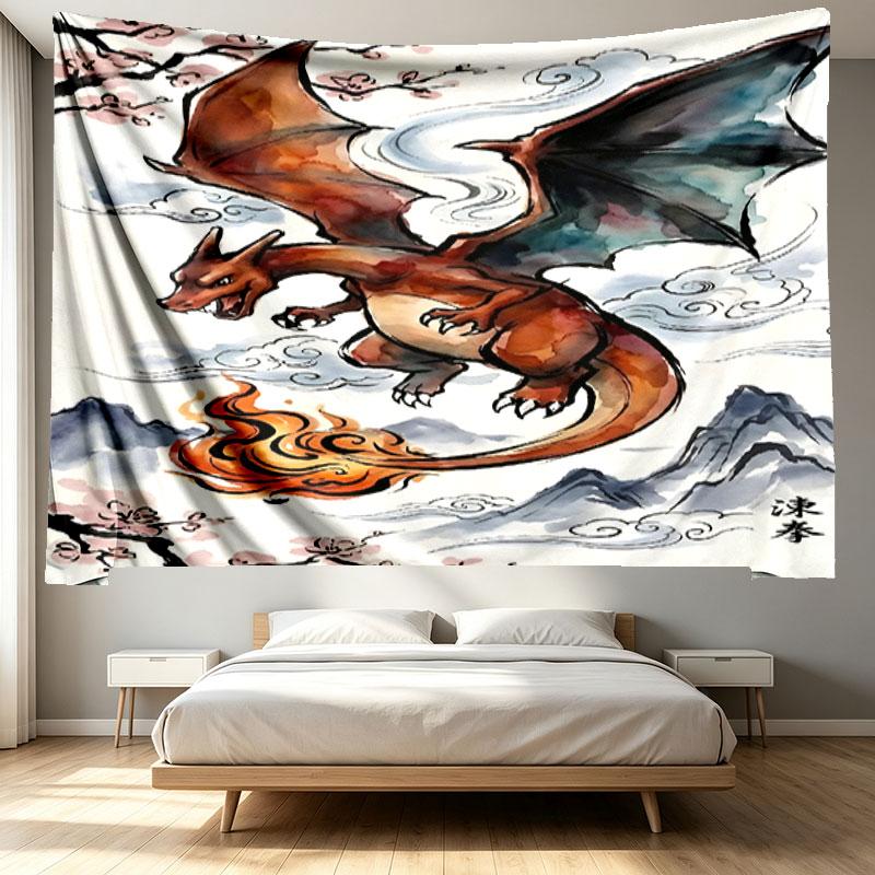 Charizard VS Blastoise Print Tapestry - Portable Wall Decor Cloth, for Home, Dorm, Travel, Bedroom, Living Room - Ideal Birthday Housewarming Gift