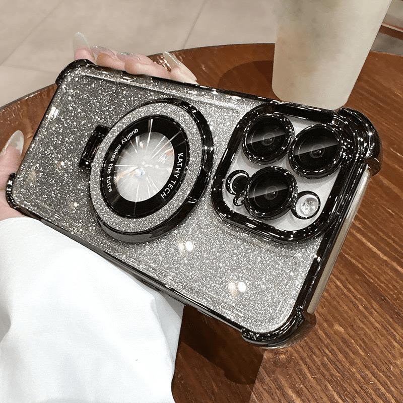 Luxury Plating Magnetic Holder Glitter Case for iPhone 17 Air 16 15 14 13 12 11 Pro Max Plus Wireless Charging Clear Cover