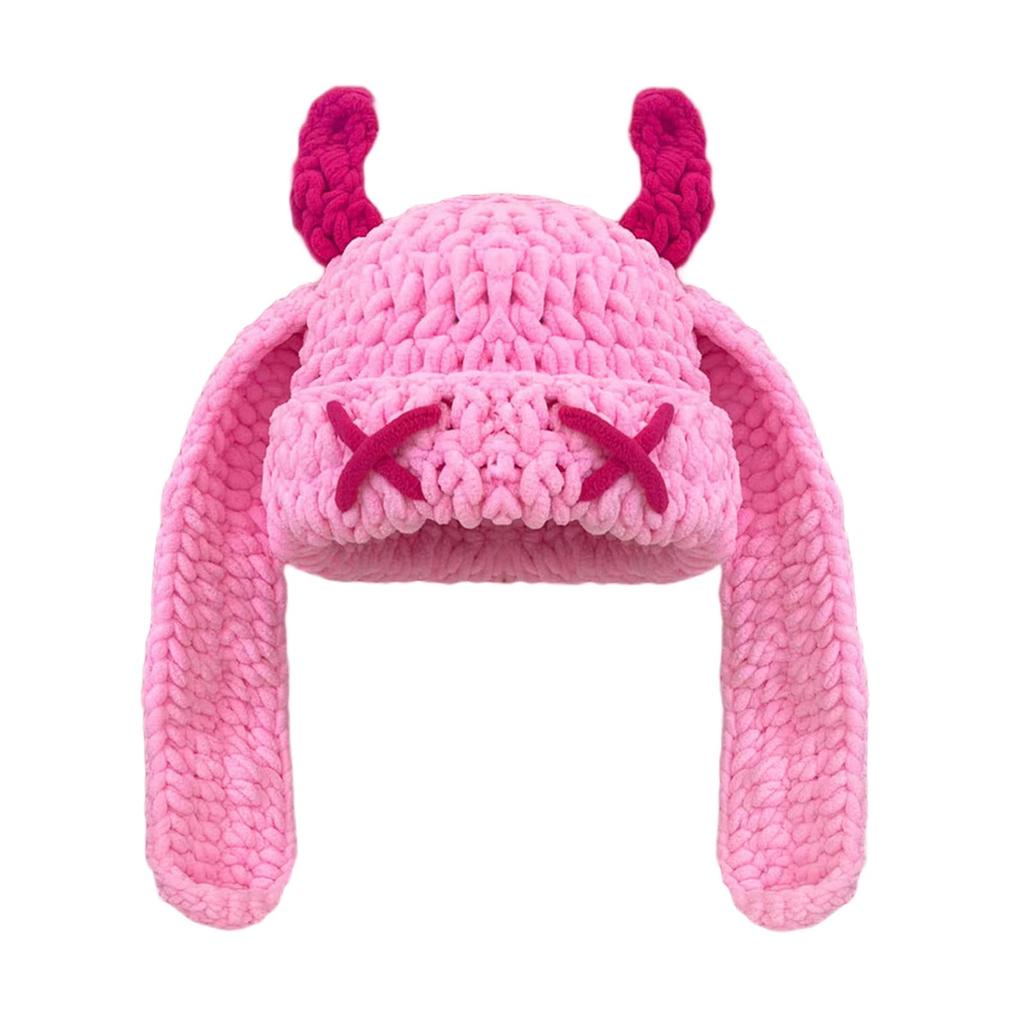 Cute And Quirky Little Devil Long-eared Knitted Hat For Women, Warm And Ear-protecting For Fall And Winter, Sweet And Cool Horned Pullover Woolen Hat