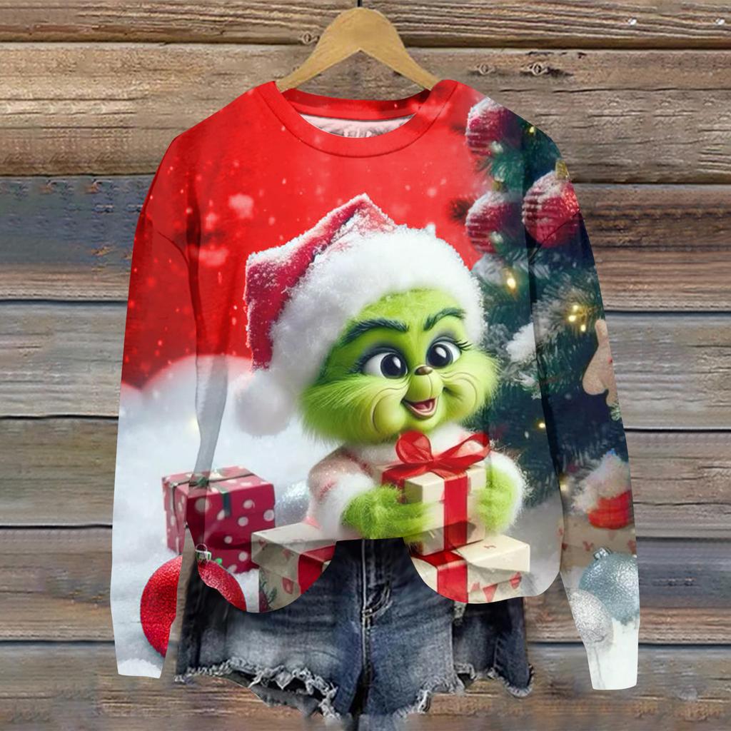 Ladies' Christmas Greentown Print Casual Long Sleeved Round Neck Sports Hoodie Top