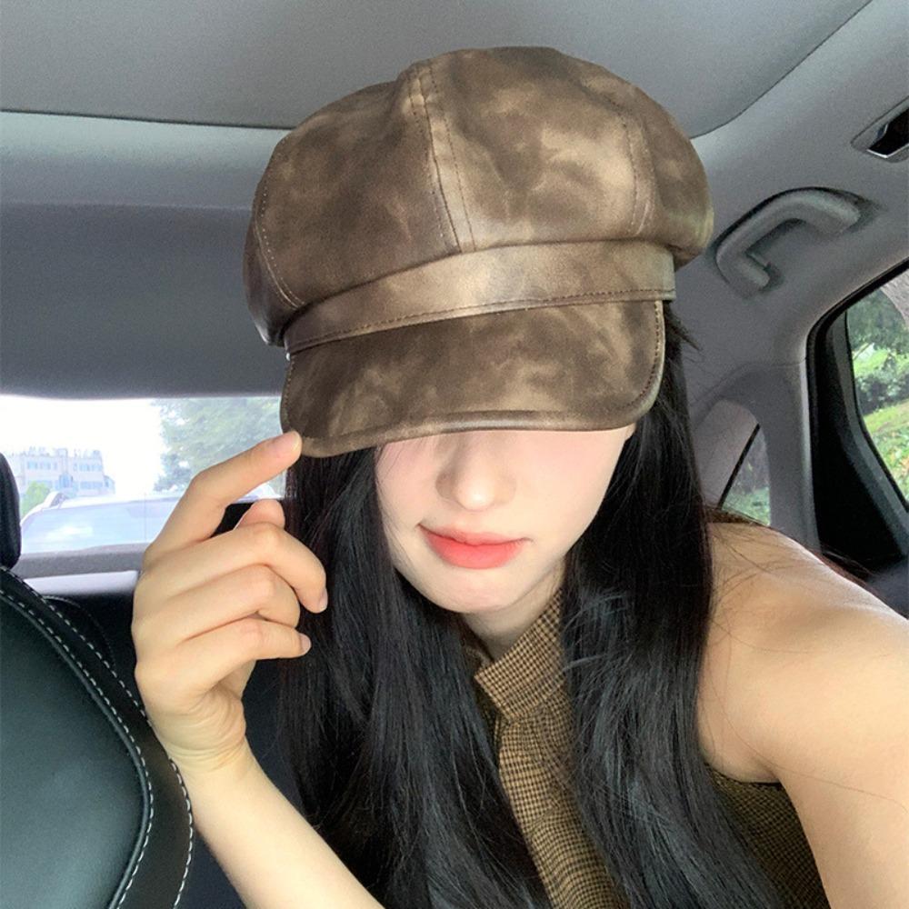 Ретро Британский Стиль Искусственная Кожа Берет Повседневный Осень Зима Женский Берет Черный Коричневый Восьмиугольная Кепка Кепка Художника Streetwear