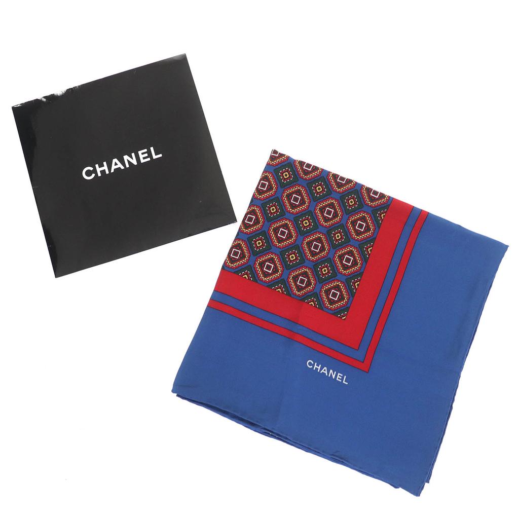 Excellent CHANEL Scarf Logo All-over Print Scarf Size 140 Blue Red Silk Women Used