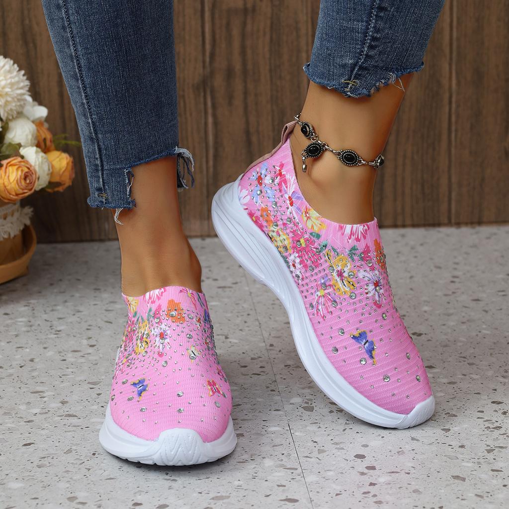 Fashion Flower Print Knitted Sneakers Women Shiny Crystal Breathable Walking Shoes Woman Plus Size 43 Casual Non-Slip Sock Shoes Ladies