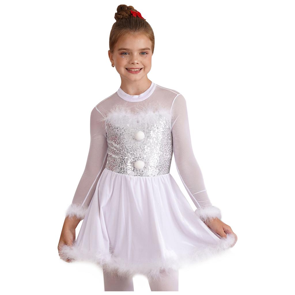 Girls Christmas Shiny Sequin Dance Dress Long Sleeve Feather Keyhole Back Jumpsuit Dress Performance Costume