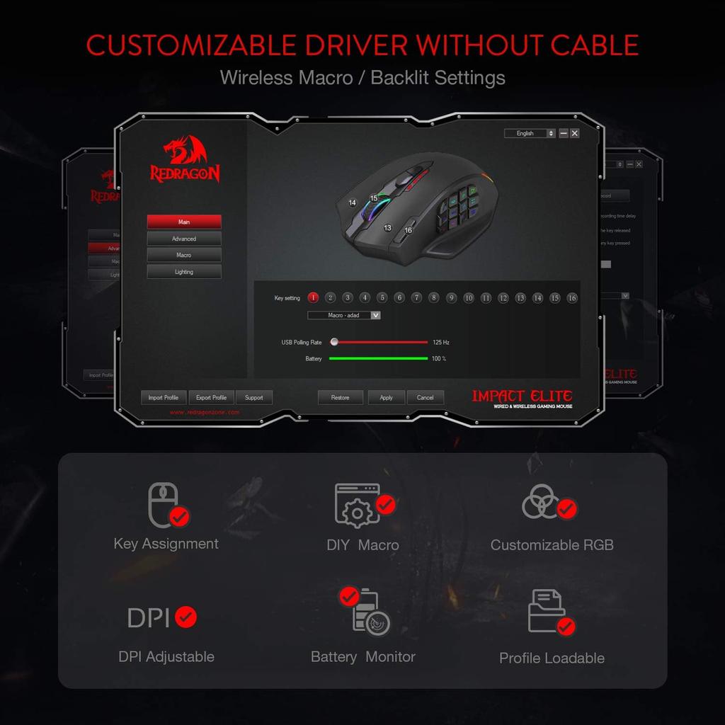 Redragon M913 Impact Elite Беспроводная Игровая 16000 DPI RGB Игровая 16 Программируемых 45 Часов Профессиональная Оптическая 12 Боковых Кнопок MMO Мышь Мышь,