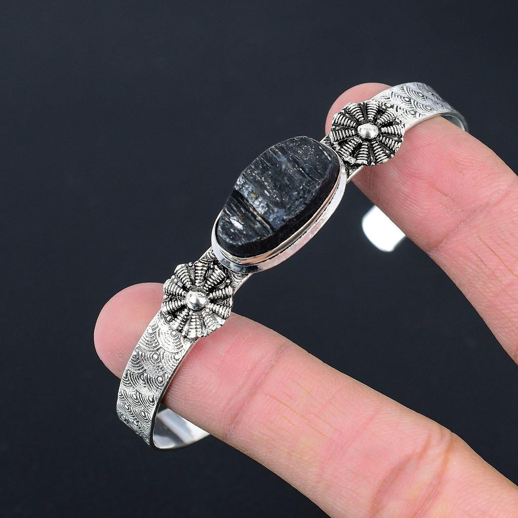 Sisters Day Sale Black Tourmaline Rough Stone Bangle Bracelet Sterling Silver