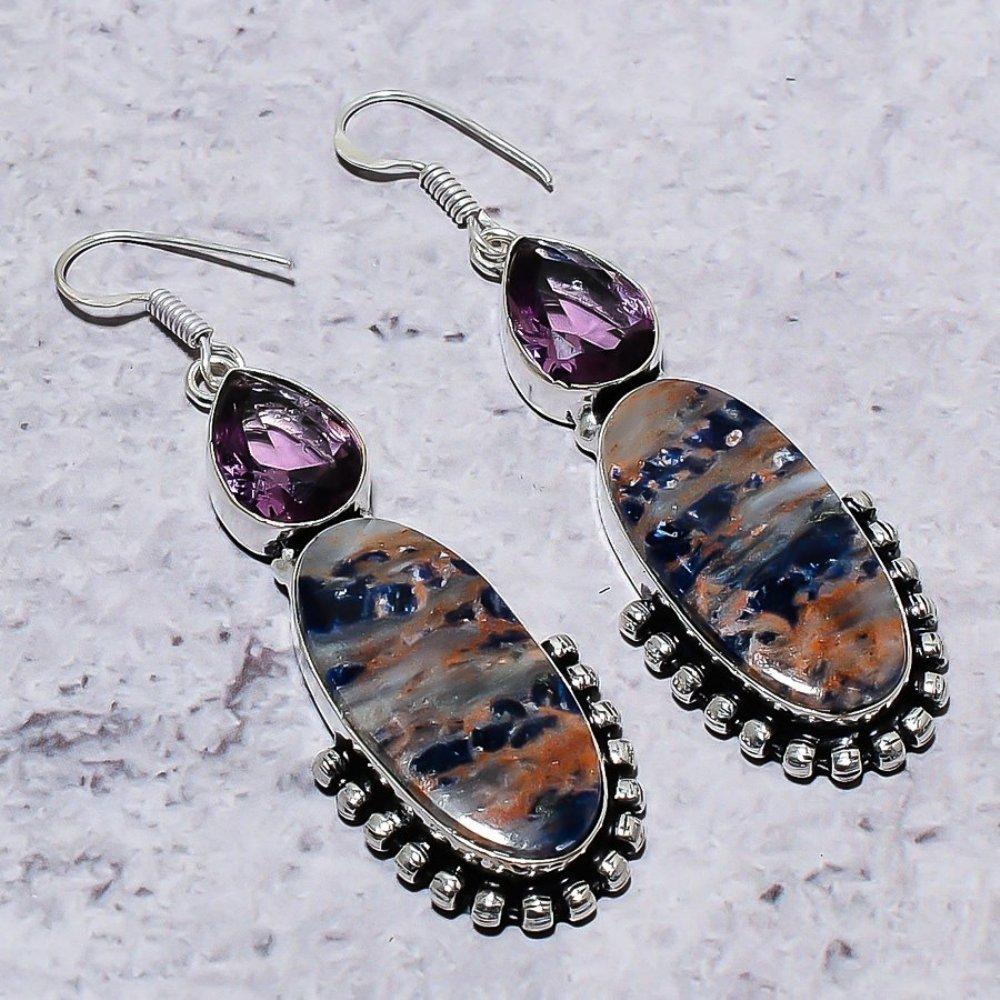 Natural Sodalite, Amethyst Gemstone 925 Sterling Silver Earring 2.76" W2t36