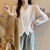 Свободные рубашки с длинным рукавом Неправильная женская рубашка Топ Милая блузка на шнуровке Шнурок Офис