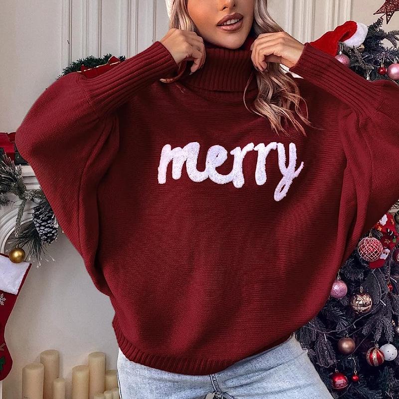Women's European and American Loose Bat Sleeve Christmas Turtleneck Sweater